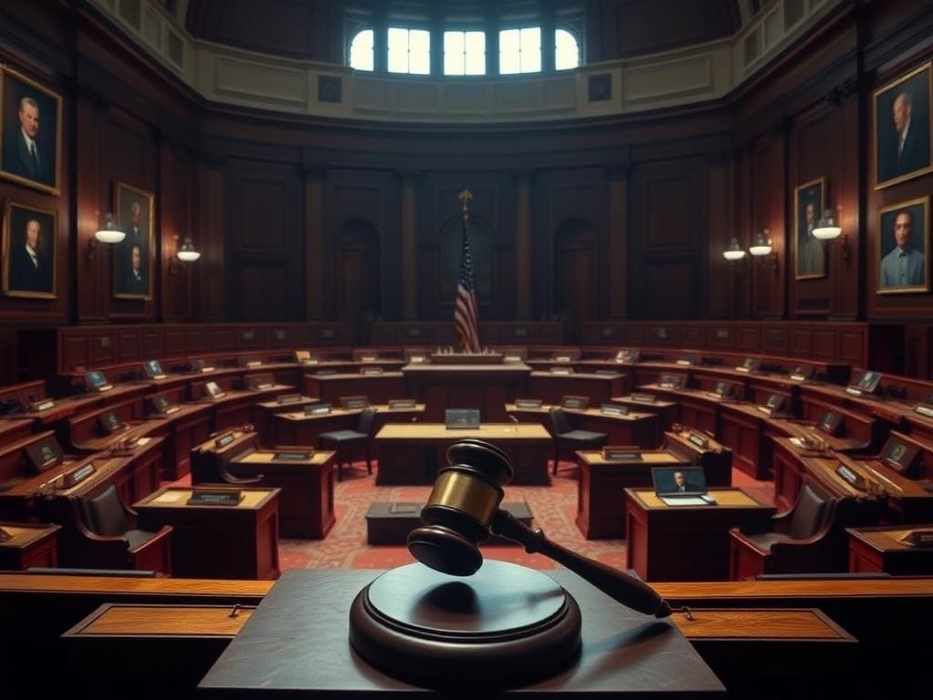 Flick International Dramatic scene inside the U.S. Senate chamber with imposing desks and a large gavel