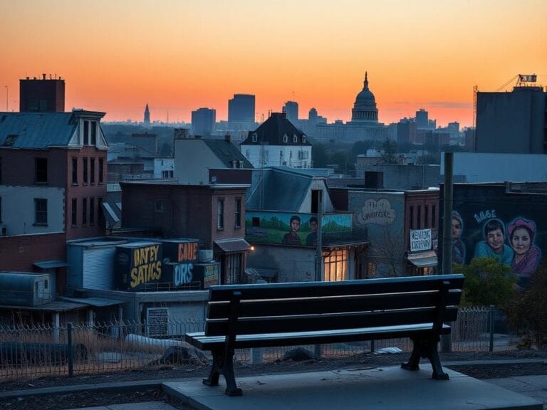 Flick International Dusk cityscape showing vibrant neighborhoods contrasted with distressed urban areas and crumbling buildings