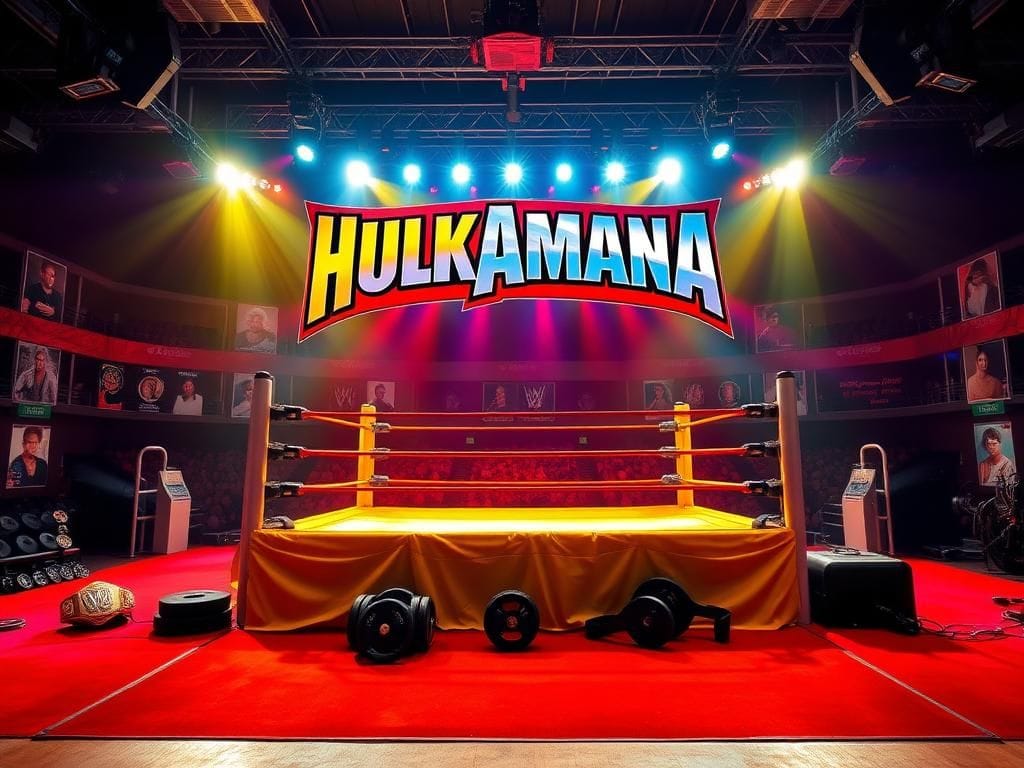Flick International A vibrant wrestling ring featuring Hulk Hogan memorabilia and fitness equipment