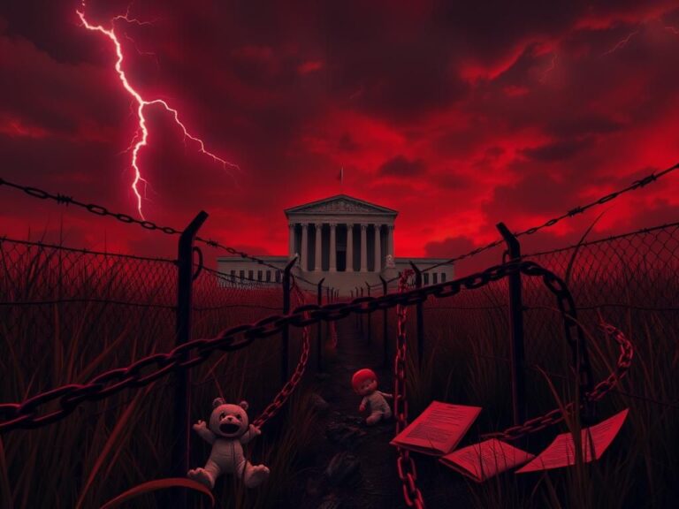 Flick International Ominous landscape symbolizing crime and illegal activities with barbed wire fences and broken chains