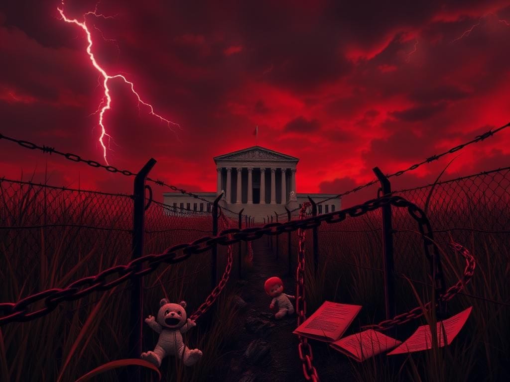 Flick International Ominous landscape symbolizing crime and illegal activities with barbed wire fences and broken chains