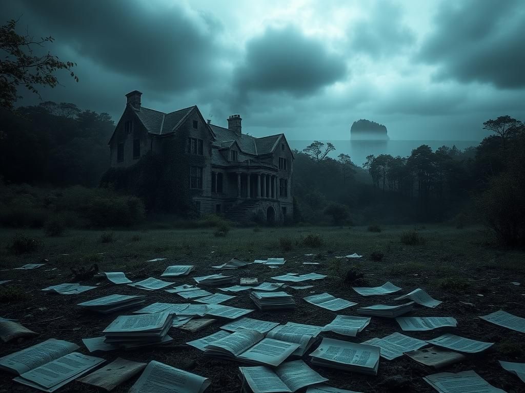 Flick International Dramatic shadowy landscape depicting a crumbling mansion with dark clouds overhead