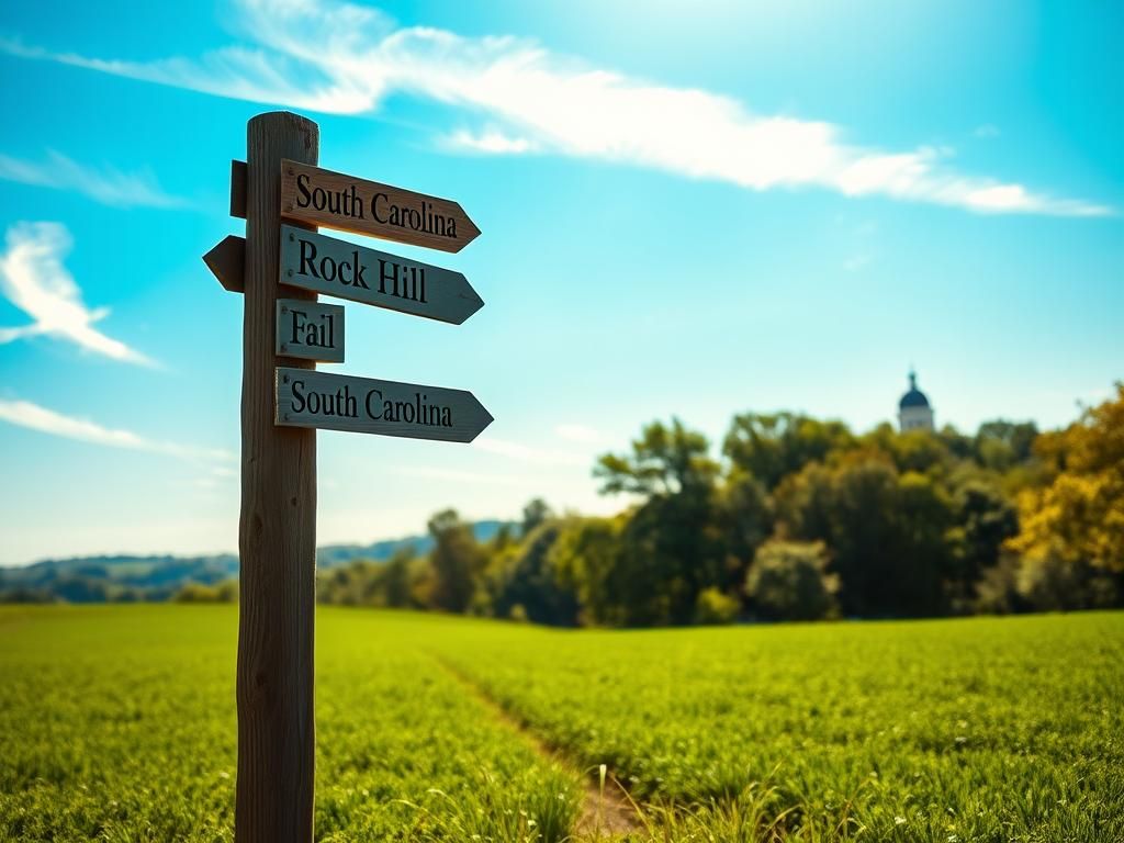 Flick International Rustic wooden signpost in South Carolina landscape with directions to notable towns