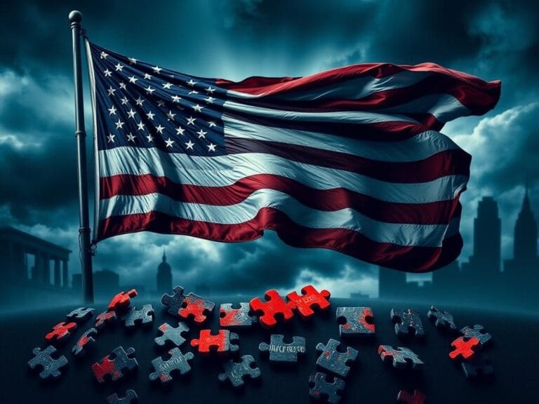 Flick International A large, weathered American flag unfurling against a tumultuous sky, representing the struggle for civil rights.