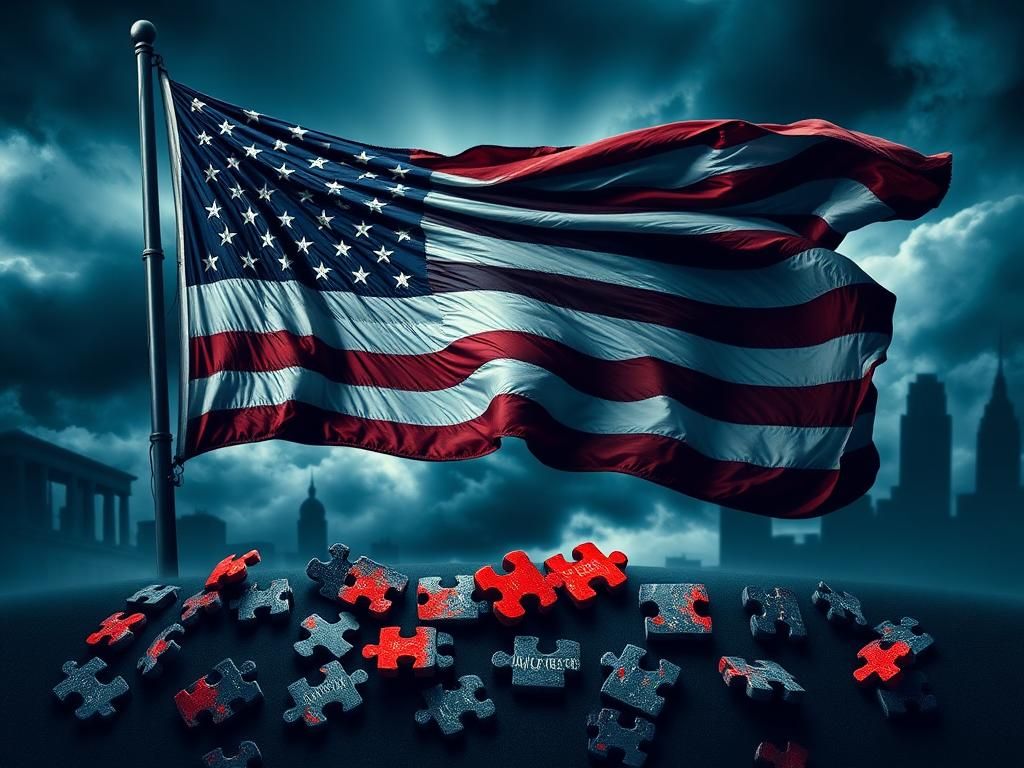 Flick International A large, weathered American flag unfurling against a tumultuous sky, representing the struggle for civil rights.