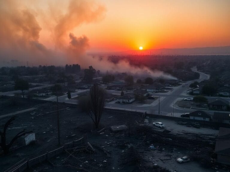 Flick International Aerial view of devastated suburban neighborhood in Los Angeles after wildfires