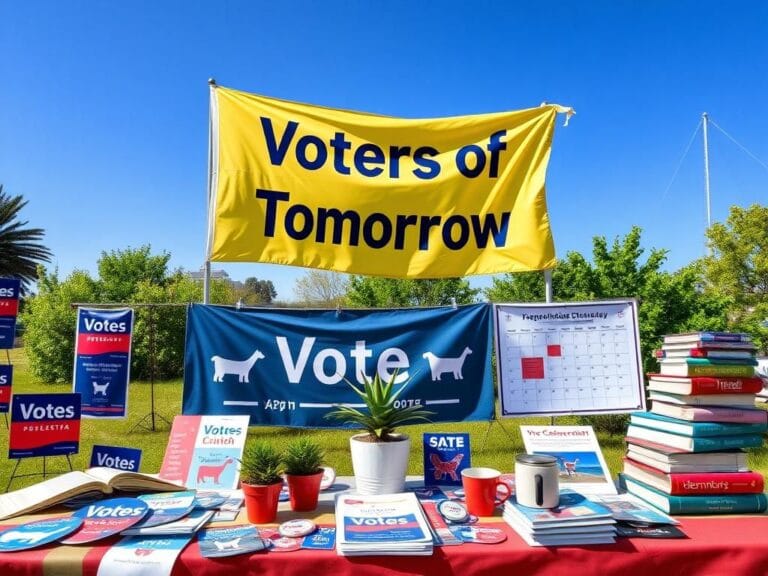 Flick International A vibrant scene at the Voters of Tomorrow summit showcasing campaign materials and a colorful banner
