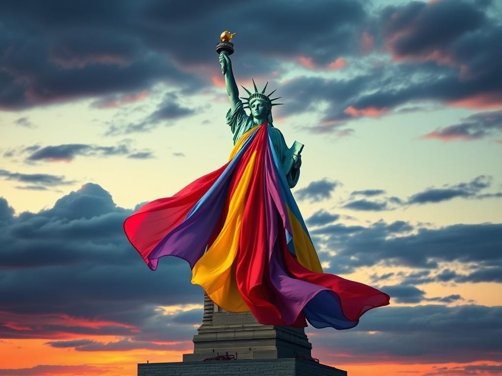 Flick International Abstract representation of the Statue of Liberty reimagined in vibrant colors symbolizing transformation and inclusivity