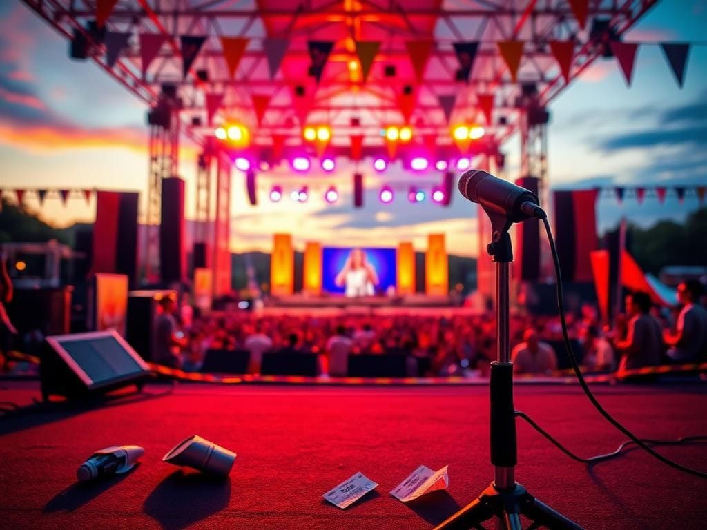 Flick International Close-up of a microphone on a stand at a festival stage, symbolizing a missed performance