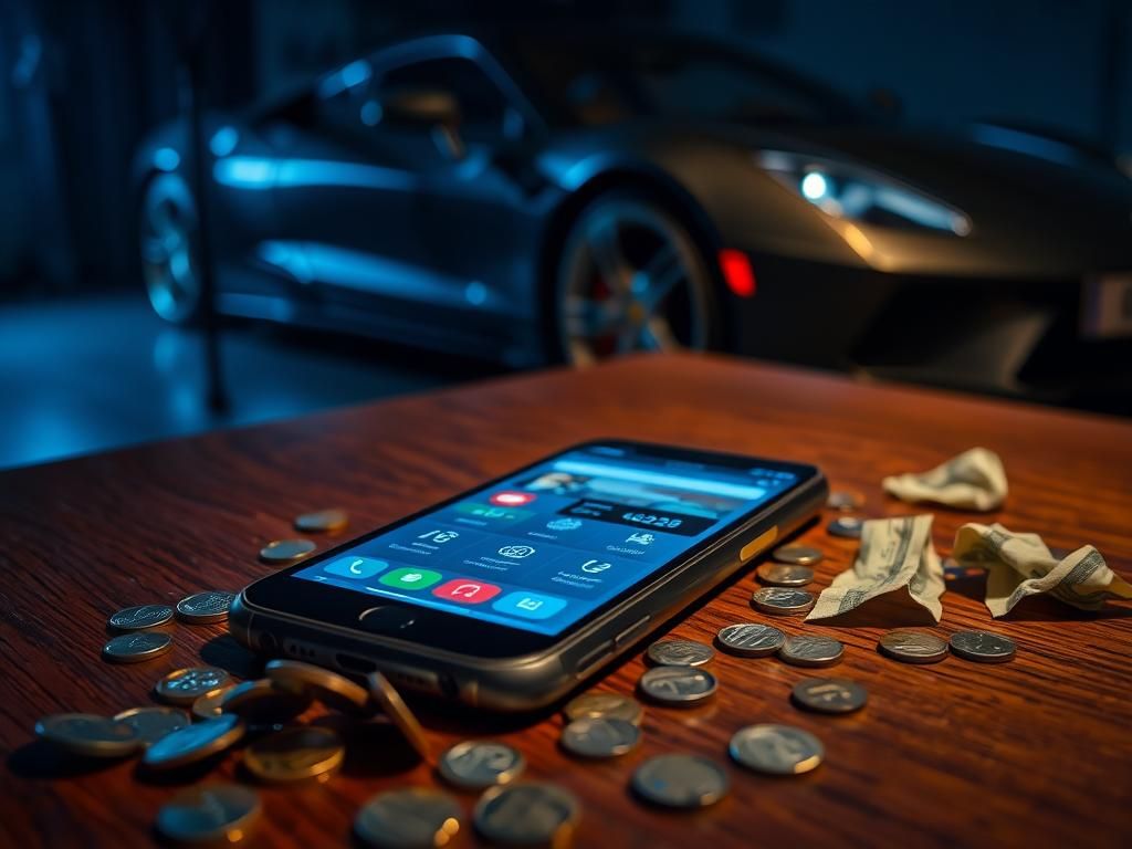 Flick International Modern smartphone displaying a dating app on a wooden table surrounded by coins and crumpled bills