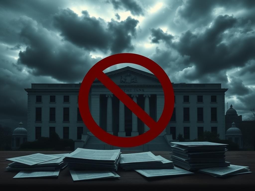 Flick International Dramatic view of the Pentagon building with dark clouds and a 'No Entry' sign