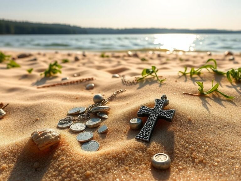 Flick International A partially unearthed Christian cross pendant among ancient Viking treasures on a Baltic shoreline