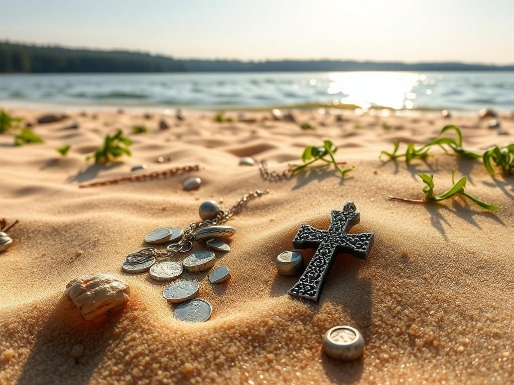 Flick International A partially unearthed Christian cross pendant among ancient Viking treasures on a Baltic shoreline