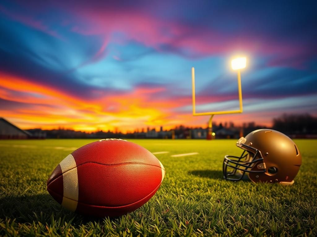 Flick International A vibrant sunset over a football field with a scuffed football and training helmet in focus symbolizing a new season.