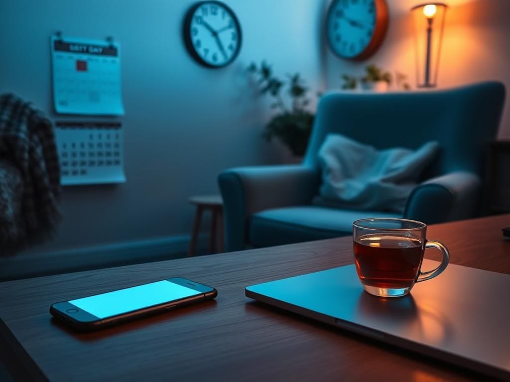 Flick International A serene room with a glowing smartphone and laptop casting blue light