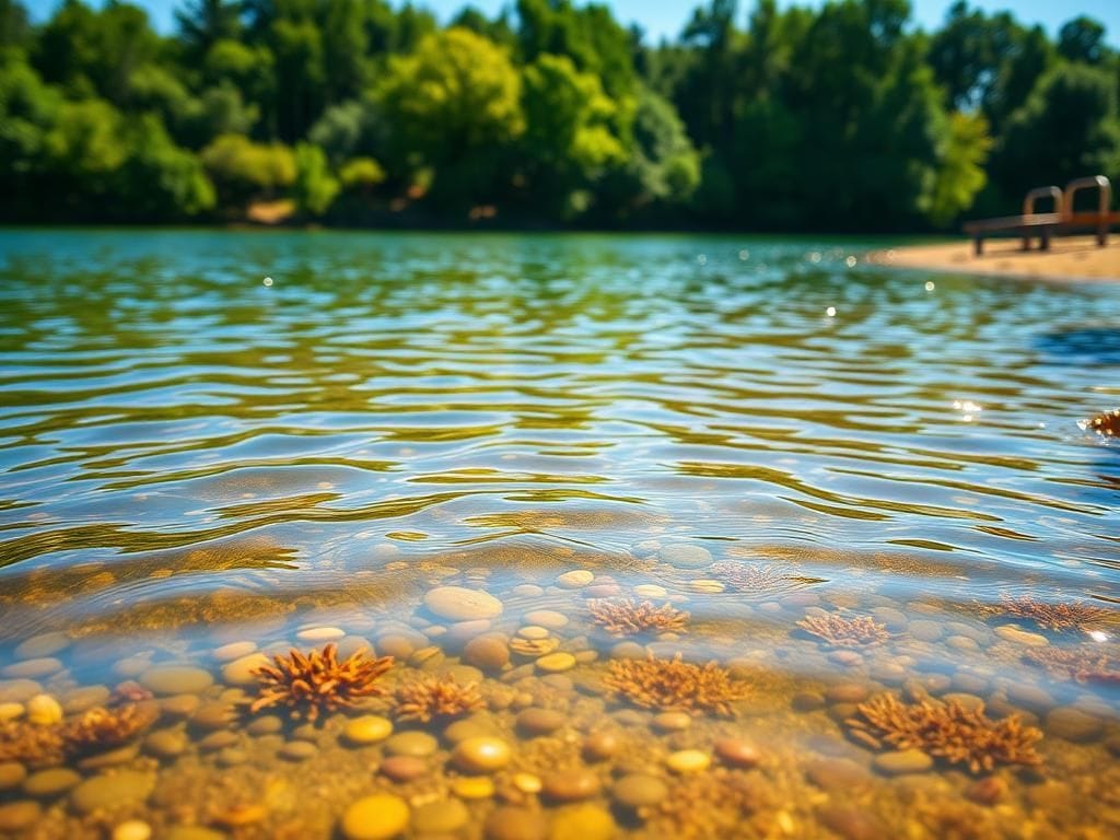 Flick International serene lake scene with aquatic plants and warning signs