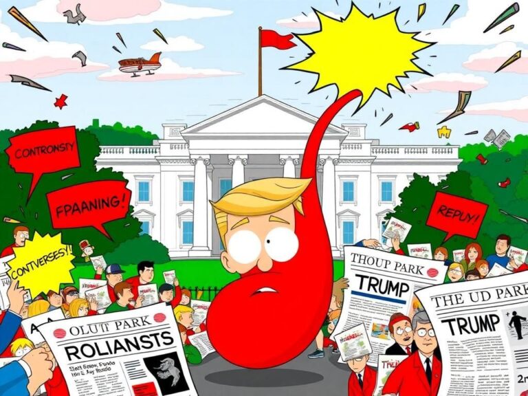 Flick International Humorous cartoon-style depiction of President Trump's penis amidst a chaotic White House scene representing 'South Park' satire