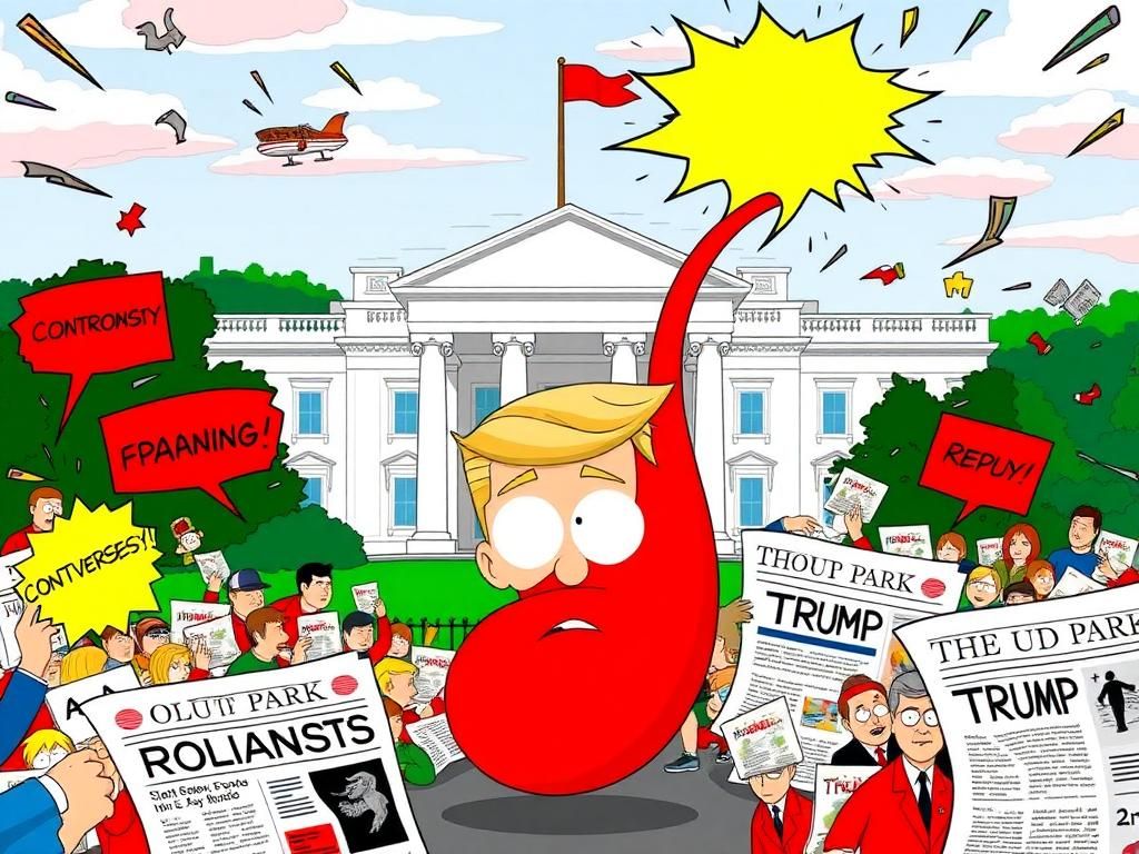 Flick International Humorous cartoon-style depiction of President Trump's penis amidst a chaotic White House scene representing 'South Park' satire