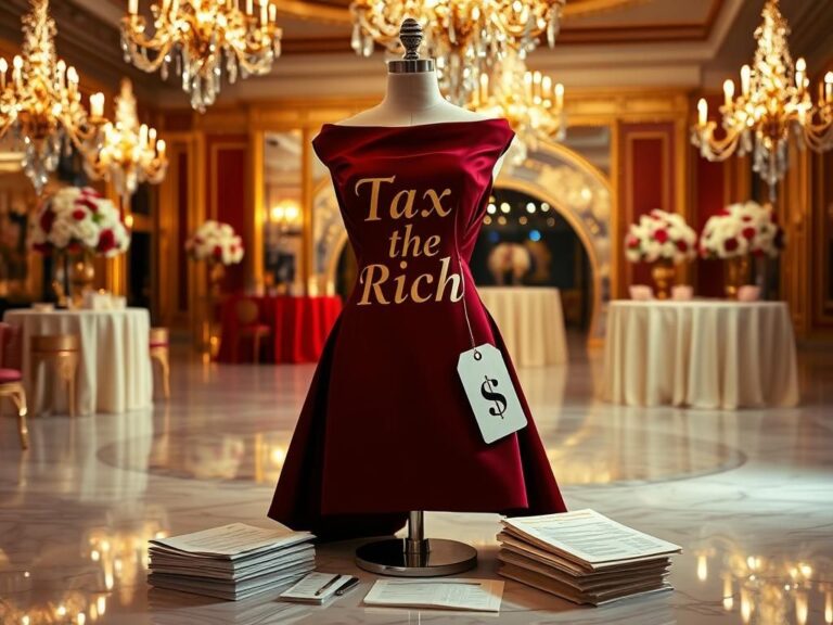 Flick International An elegantly designed dress on a mannequin with 'Tax the Rich' phrase at a gala venue