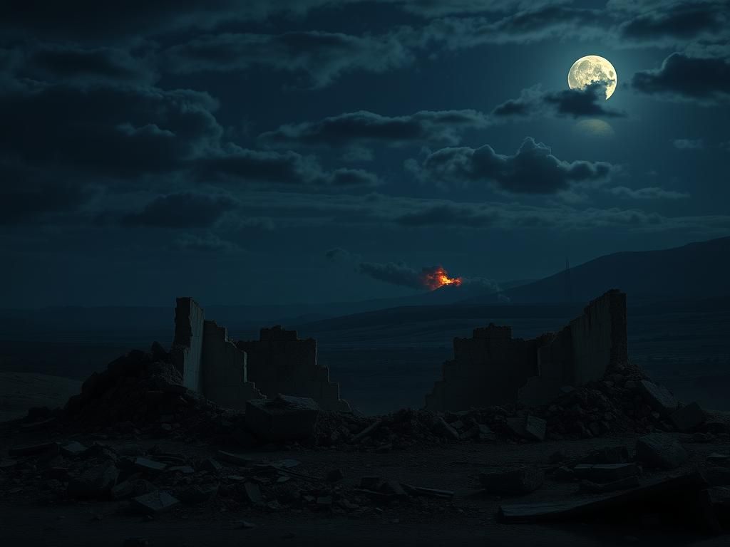 Flick International Nighttime scene depicting the aftermath of a military operation in a war-torn landscape with ruins visible.