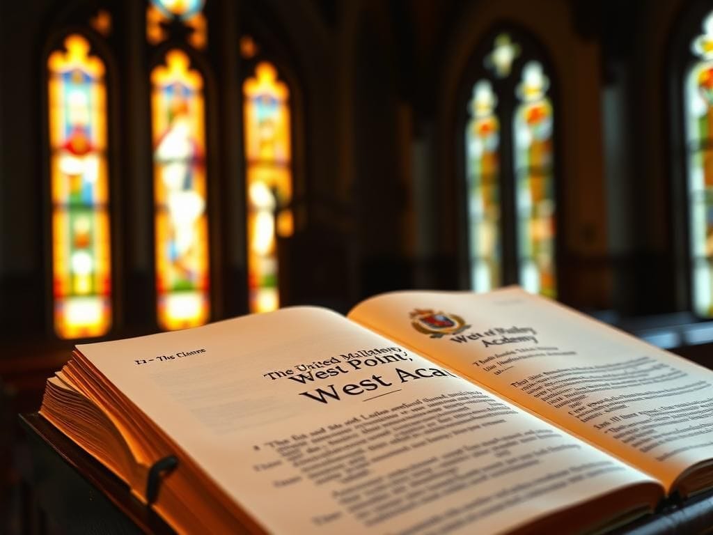 Flick International Close-up of an open Bible showing the West Point inscription inside a chapel