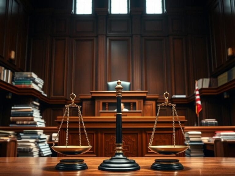 Flick International Dramatic courtroom scene with a judge's bench and gavel symbolizing justice