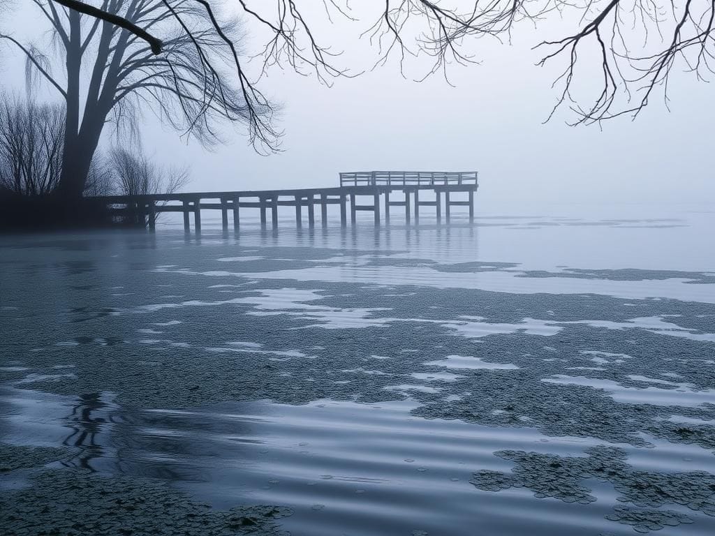 Flick International Foggy morning landscape along the Mississippi River with calm waters and silhouettes of trees