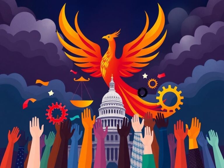 Flick International A vibrant collage representing the future of the Democratic Party with a rising phoenix amidst dark clouds