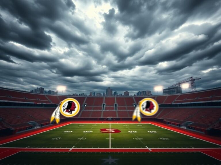 Flick International Empty football stadium with logos of Washington Commanders and 'Redskins' blended together
