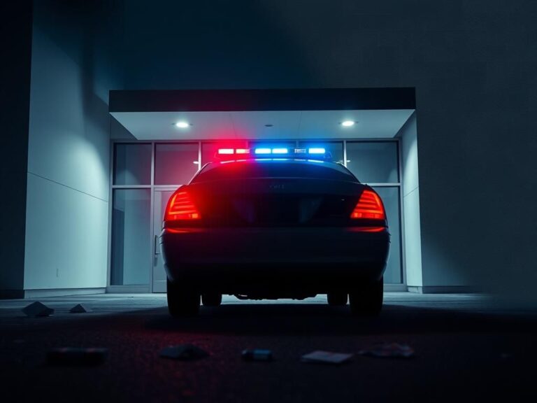 Flick International A tense scene of a modern medical clinic entrance obstructed by a police car during an ICE raid