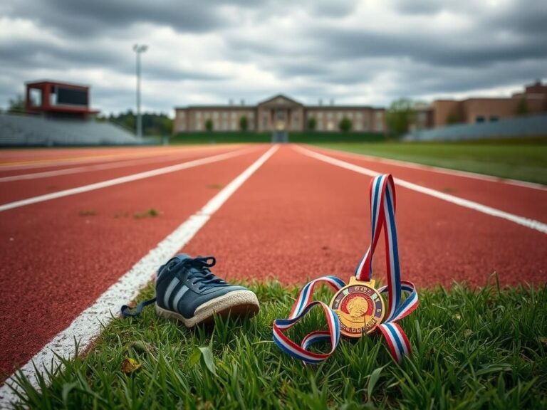 Flick International Empty running track with colorful lane markings under an overcast sky, symbolizing competitive spirit.