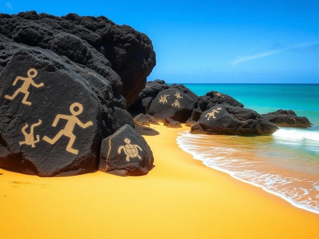 Flick International Ancient petroglyphs on beach in Oahu depicting stick figures carved into lava rock