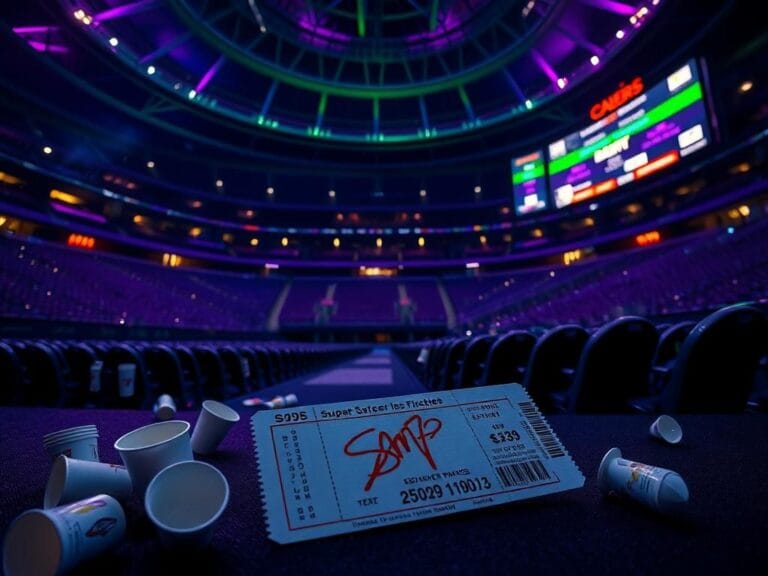 Flick International Close-up of a Super Bowl ticket with crossed-out price in a dramatic football stadium