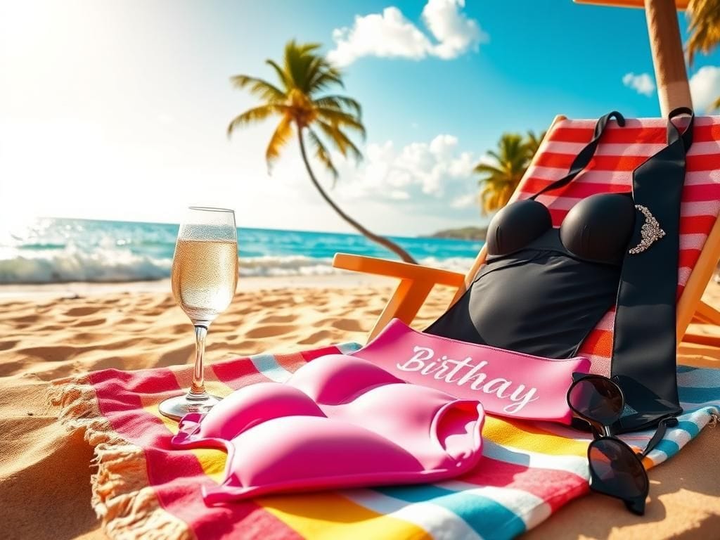 Flick International A vibrant beach scene featuring stylish bikinis, a colorful towel, and refreshing champagne.