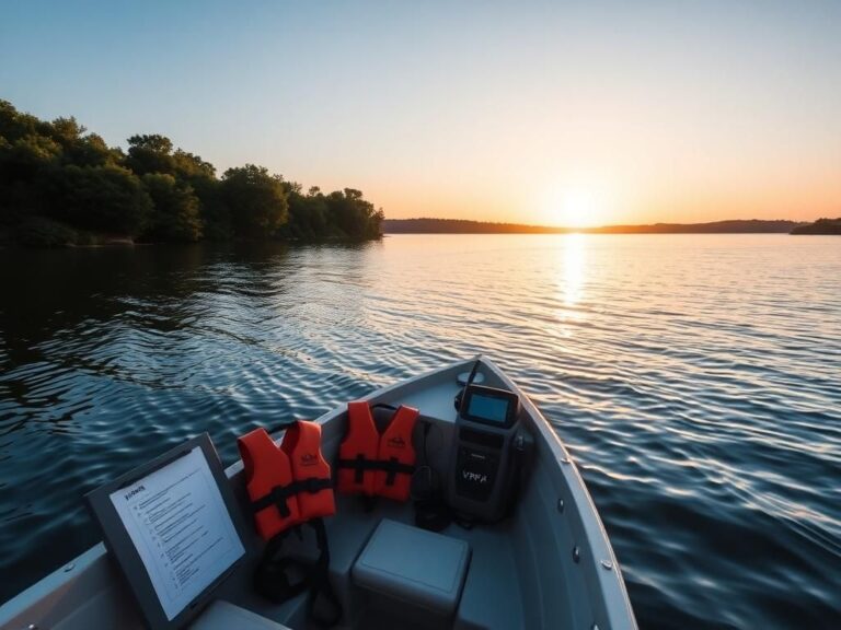 Flick International Serene summer waterfront scene with a small boat, life jackets, and safety checklist