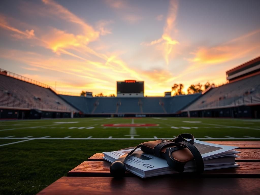 Flick International Peaceful college football stadium at dusk with empty bleachers and coaching gear