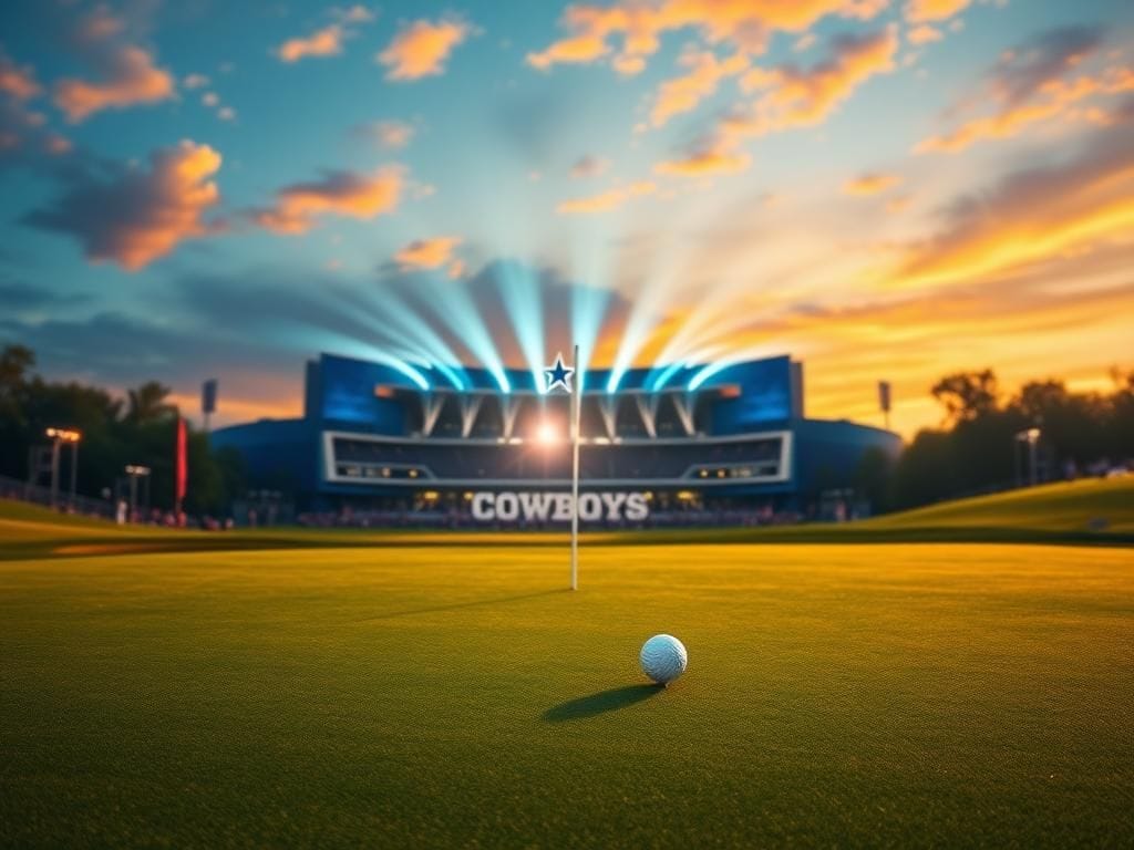 Flick International A serene golf course with a golf tee and ball in the foreground, representing Scottie Scheffler's golfing success against the backdrop of a Dallas Cowboys stadium.