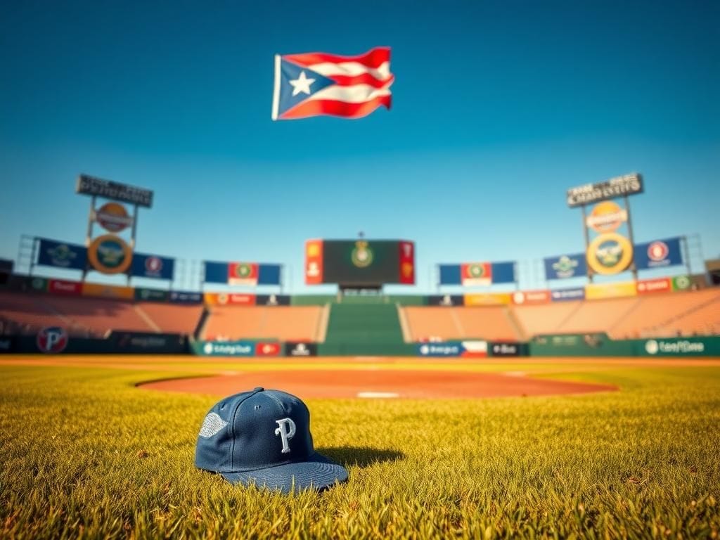 Flick International An abandoned baseball cap and glove on a vibrant baseball diamond with a Puerto Rican flag in the background.