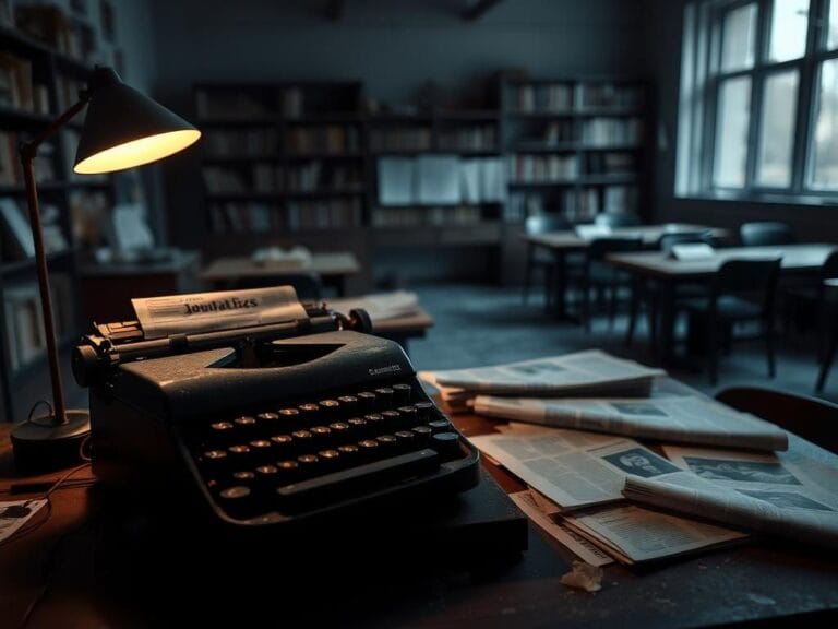 Flick International Dimly lit newsroom with empty desks and an old typewriter symbolizing the transition in journalism