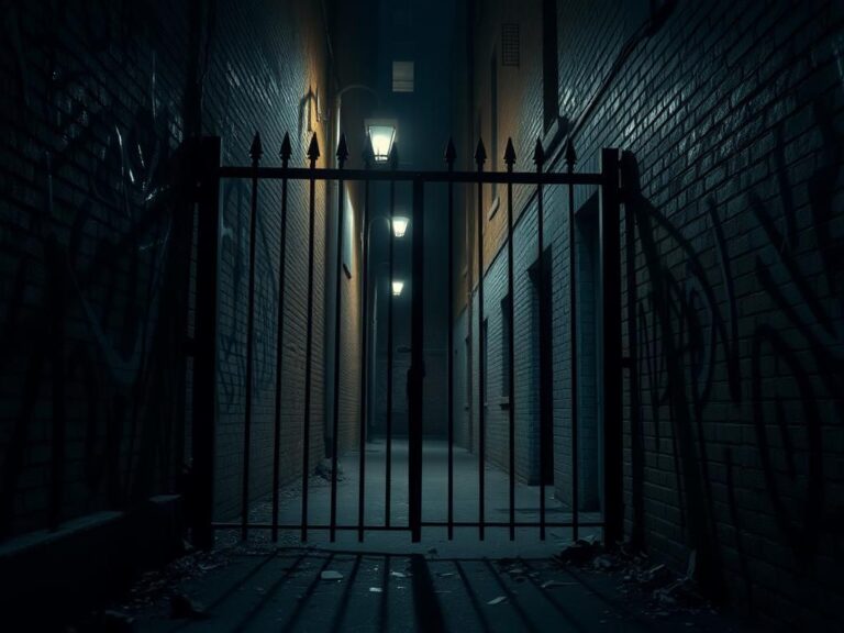 Flick International A dark, foreboding alleyway illuminated by a flickering streetlamp, symbolizing the dangers of crime.