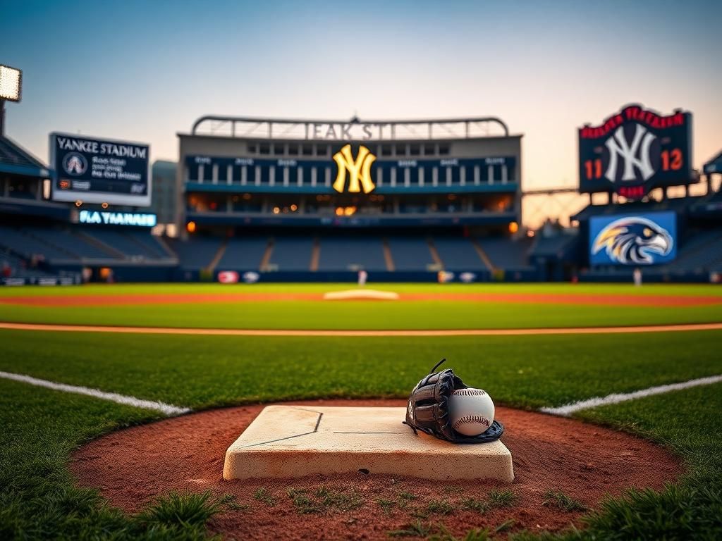 Flick International A well-manicured baseball diamond at Yankee Stadium during dusk, focusing on third base.