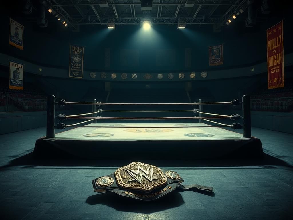 Flick International Dimly lit wrestling ring in an empty arena with faded championship banners