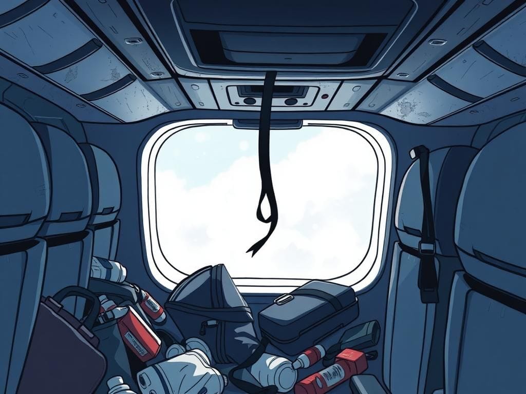 Flick International Dramatic interior of an airplane cabin in chaos after a nosedive