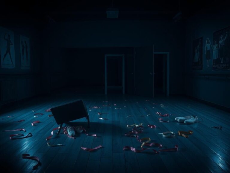 Flick International Dimly lit dance studio with wooden floor and colorful props creating an uneasy atmosphere