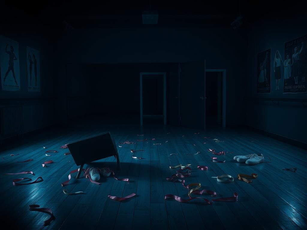 Flick International Dimly lit dance studio with wooden floor and colorful props creating an uneasy atmosphere