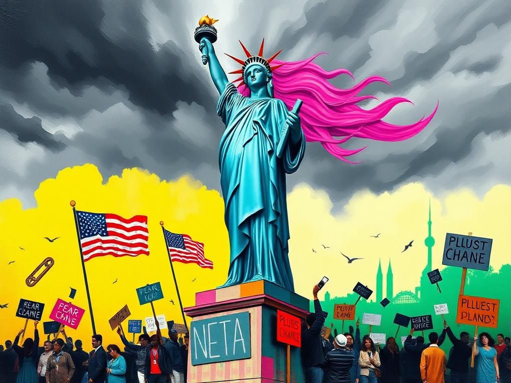 Flick International A vibrant artwork depicting a reimagined Statue of Liberty with pink hair and a blue gown against a stormy sky