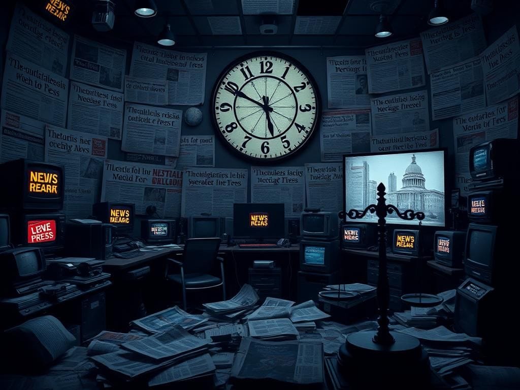 Flick International Dimly lit newsroom filled with scattered newspapers and broken broadcast equipment symbolizing the decline of independent media