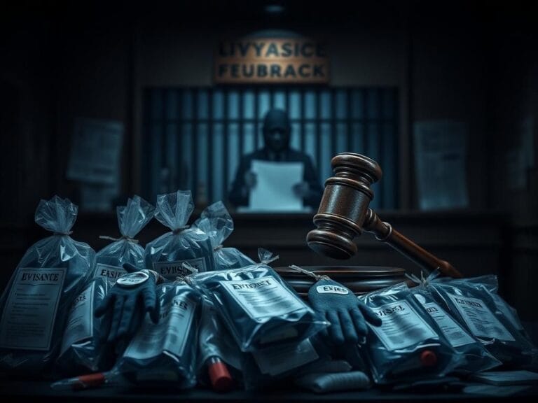 Flick International A somber courtroom scene illustrating the legal system's gravity with a gavel and evidence bags.