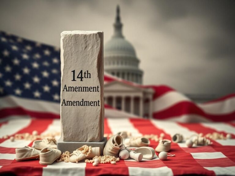 Flick International Symbolic depiction of birthright citizenship with crumbling pillar and American flag backdrop