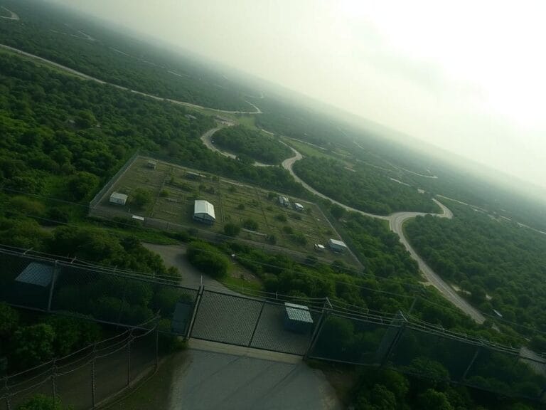 Flick International Aerial view of a temporary migrant detention facility surrounded by the rugged landscape of the Everglades.